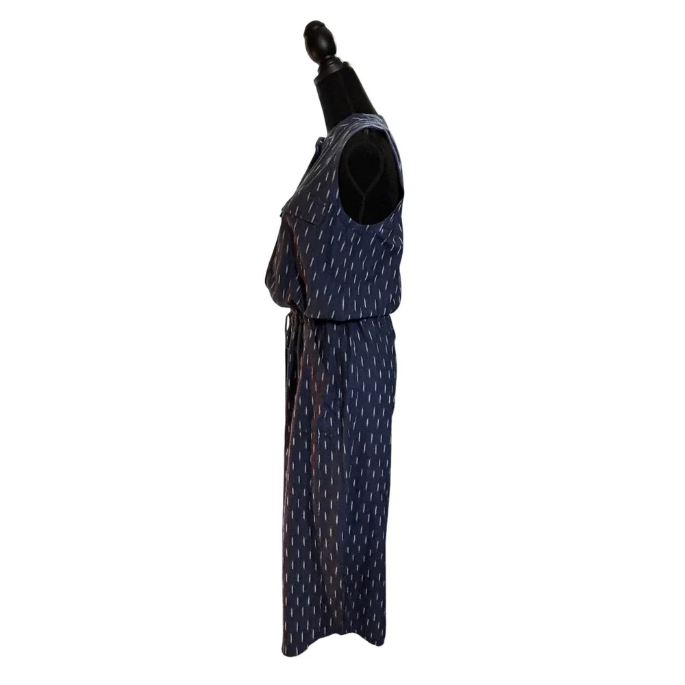 Faherty‎ Women XS Blue Ikat Print Sleeveless Linen Midi Dress Drawstring Waist - Picture 8 of 16